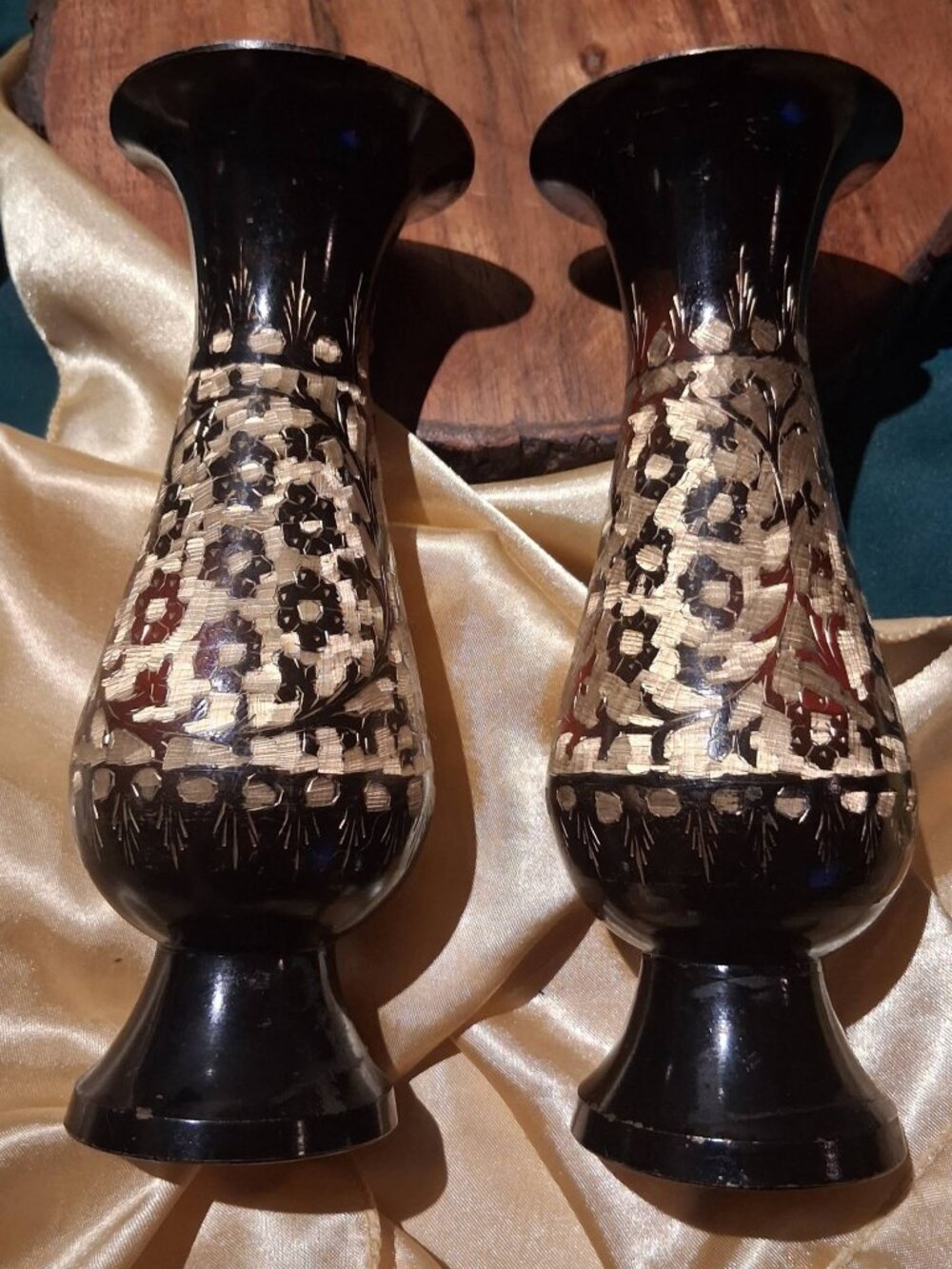 Stunning pair of vintage hand-etched brass bud vases w/ a dramatic black enamel